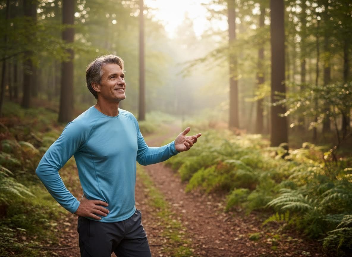 Man smiling in sunlit forest
