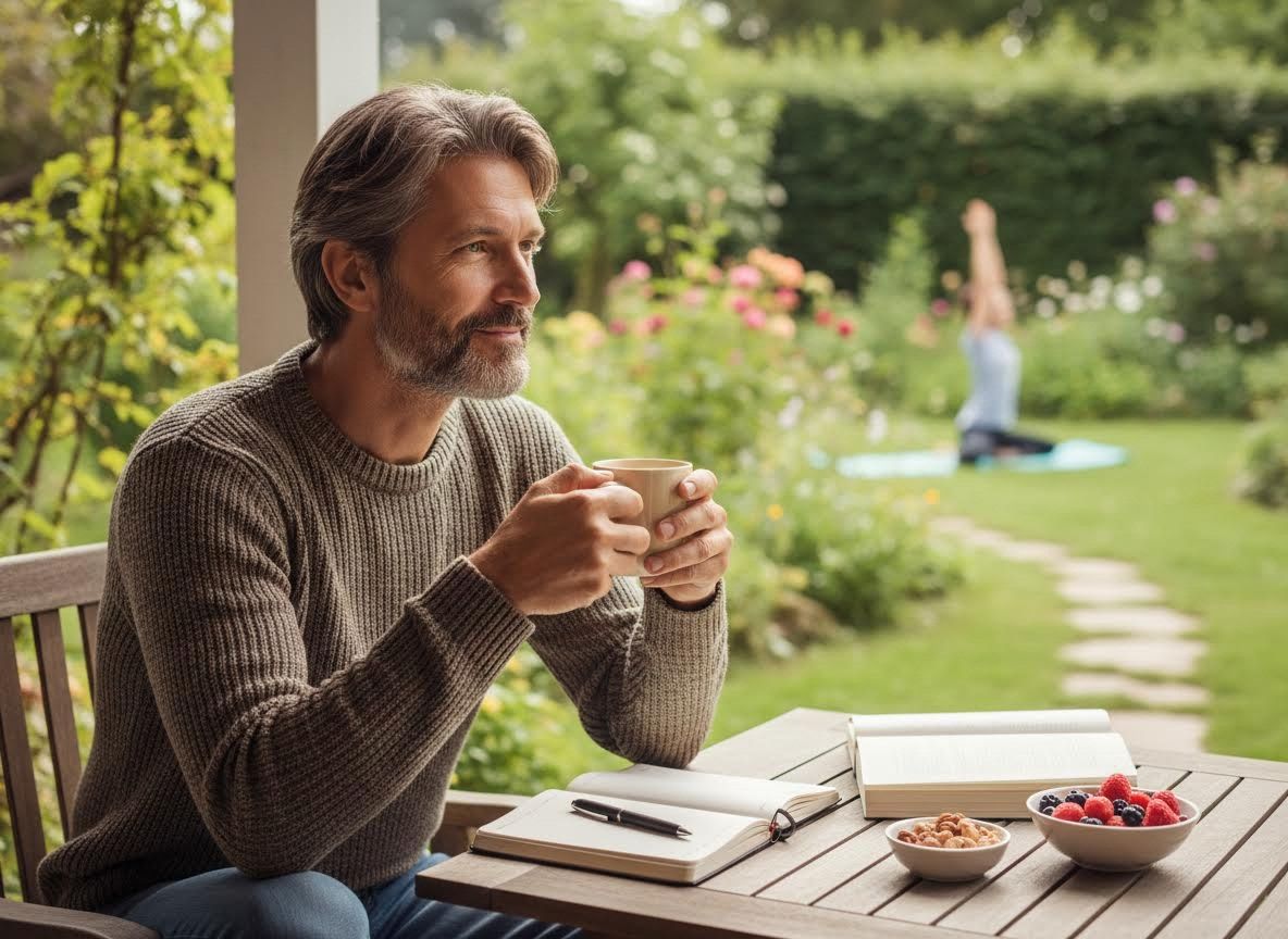 Man enjoying coffee on a porch while someone does yoga in the garden