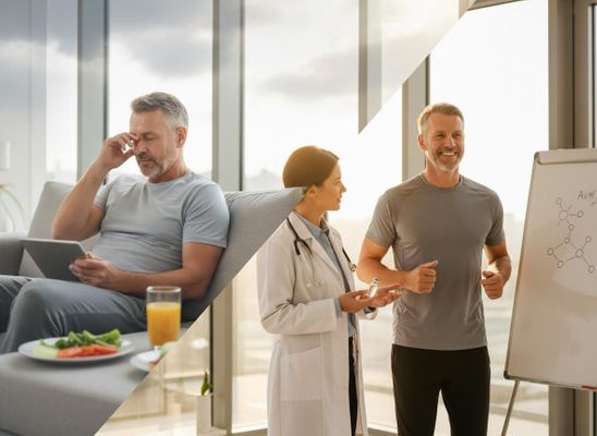 A man feeling tired and unwell on a sofa, contrasted with him looking energetic and smiling alongside a doctor, representing health improvement. Health Transformation: From Fatigue to Wellness
