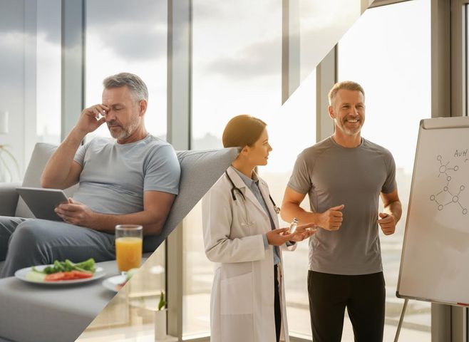 A man feeling tired and unwell on a sofa, contrasted with him looking energetic and smiling alongside a doctor, representing health improvement. Health Transformation: From Fatigue to Wellness