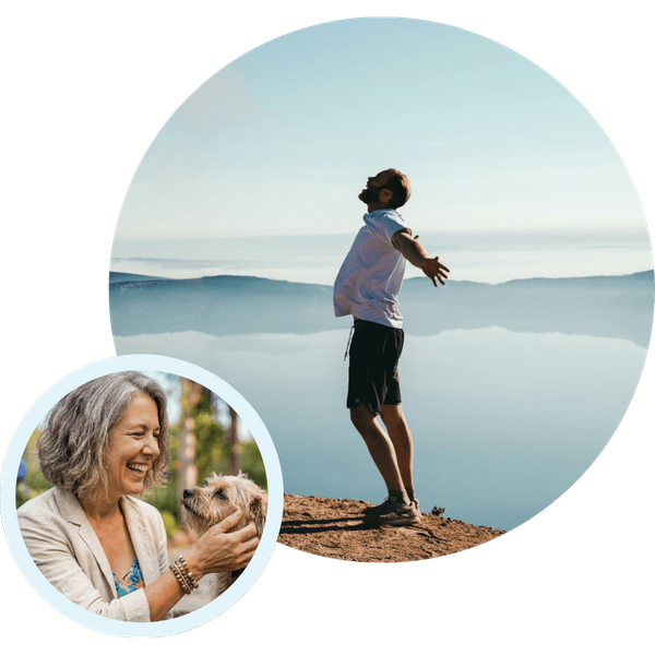 A healthy middle-aged woman smiling while outdoors, paired with a silhouette of a man finding balance by the water.