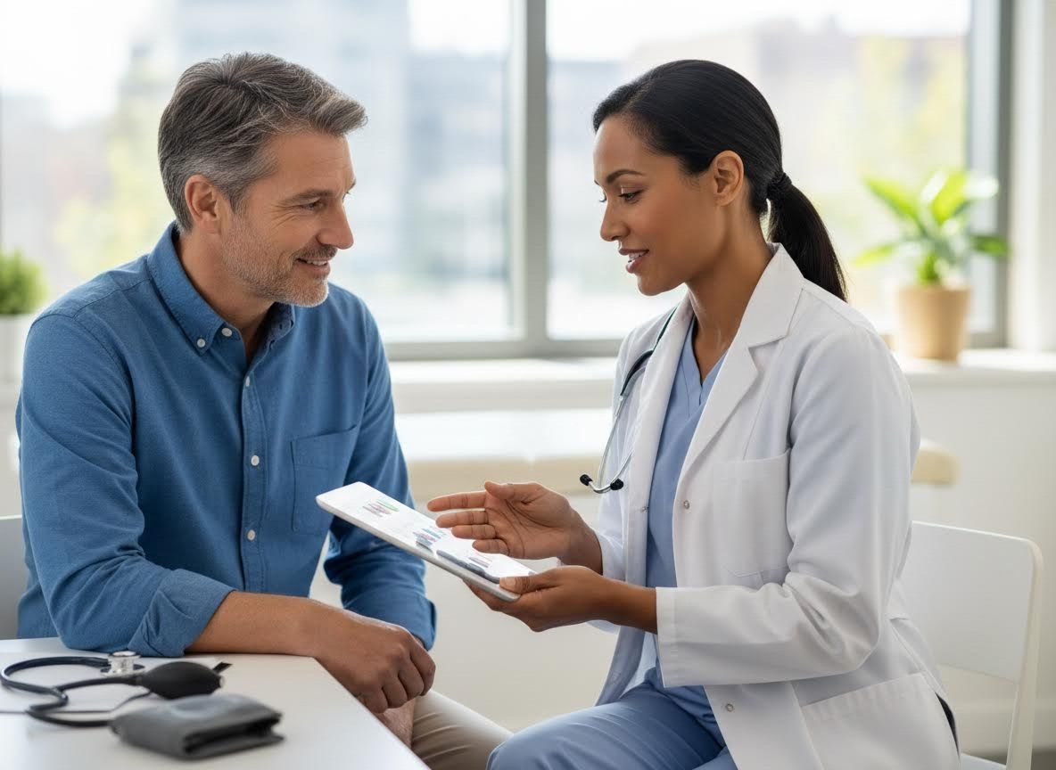 Doctor explaining results to male patient on tablet