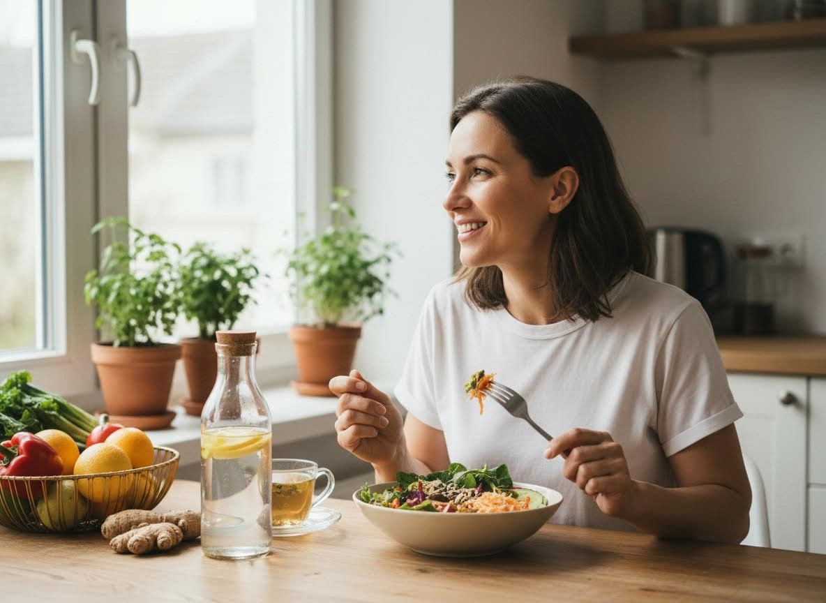 Happy woman eating a healthy salad in a bright kitchen