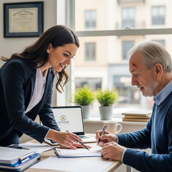A supportive insurance agent helping a client with claim paperwork.