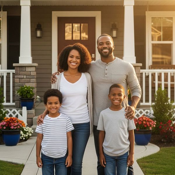 A happy family standing in front of their home, symbolizing customized protection.