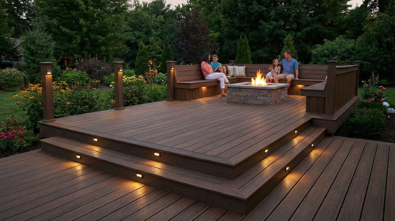 A family enjoys a beautiful evening on their custom composite deck, featuring integrated lighting and a fire pit.