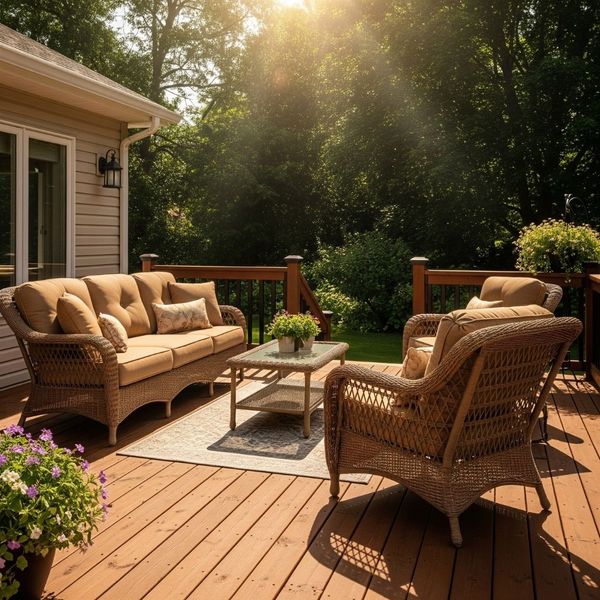 sun-drenched wooden deck with comfortable patio furniture