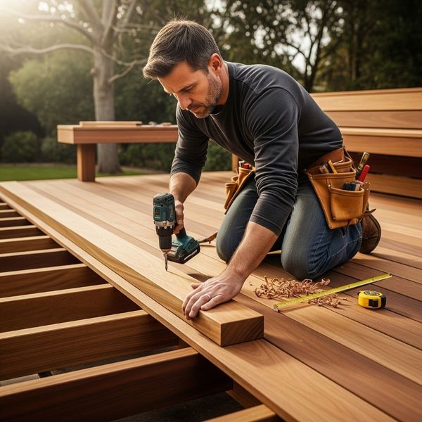 A skilled carpenter carefully installing high-quality wood planks on a custom deck. A skilled carpenter carefully installing high-quality wood planks on a custom deck.