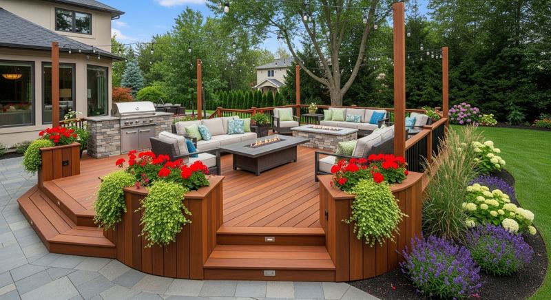 A beautiful custom-built deck with high-quality outdoor furniture, surrounded by a professionally landscaped backyard.