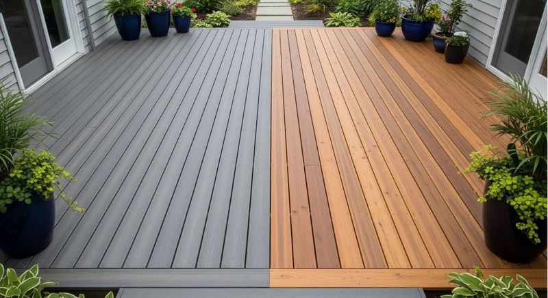  side-by-side comparison of beautiful composite decking and traditional wood decking
