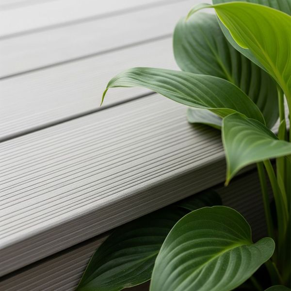 modern, grey composite deck board next to a vibrant green plant modern, grey composite deck board next to a vibrant green plant
