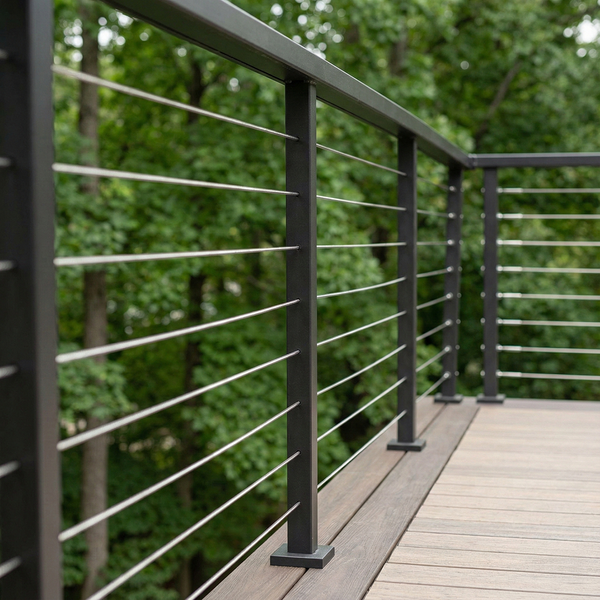 A sleek, modern cable railing system adds a contemporary touch to a composite deck