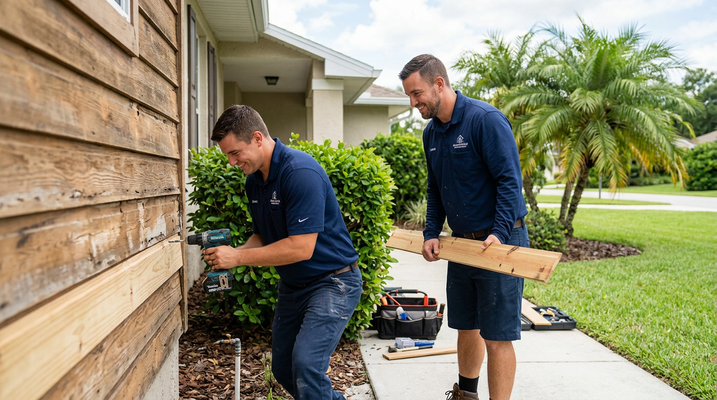 Two technicians repairing house siding