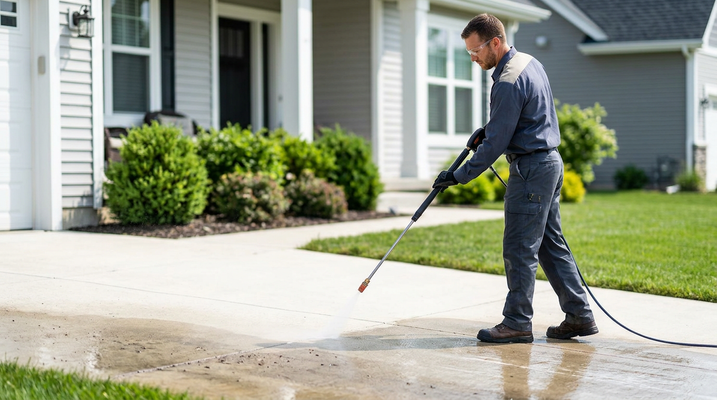 Man pressure washing a dirty concrete driveway