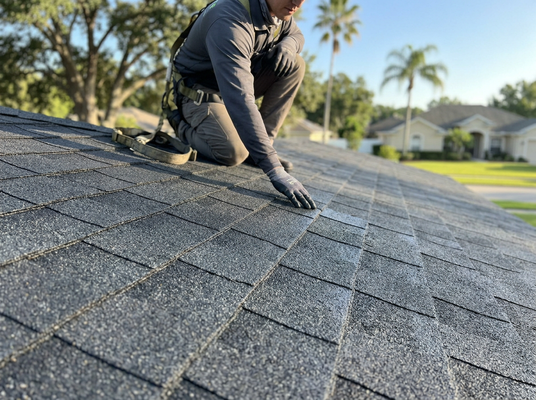 Roofer Inspecting Asphalt Shingles
