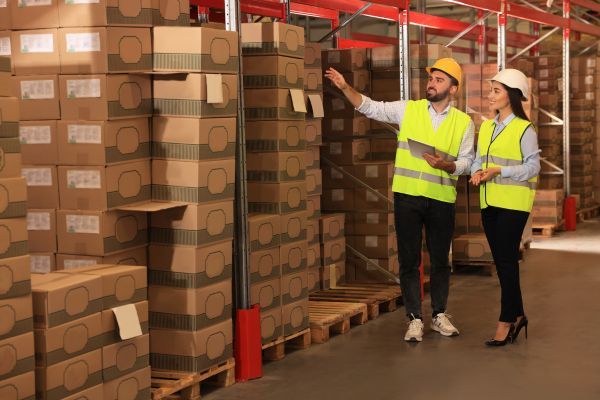 warehouse workers with wooden pallets of product