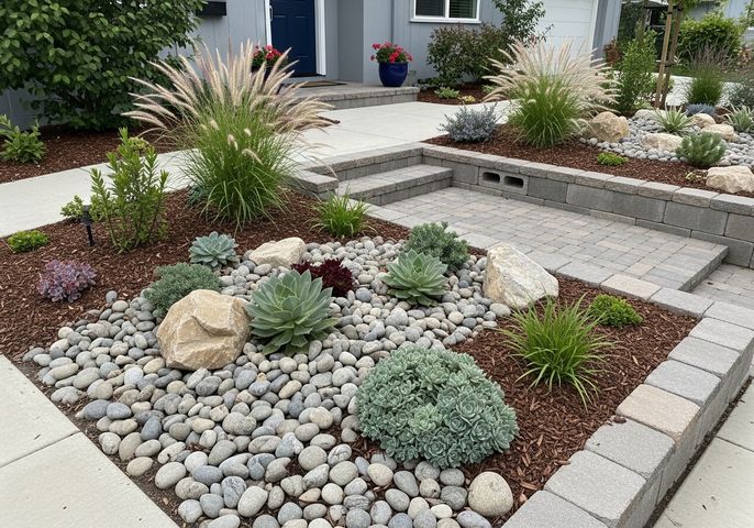 Beautiful low-water garden design with rocks and succulents