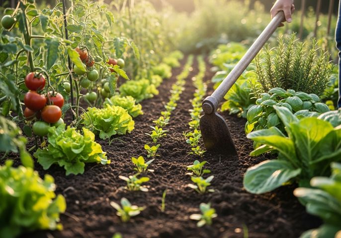 Organic vegetable garden with tomatoes, lettuce and herbs