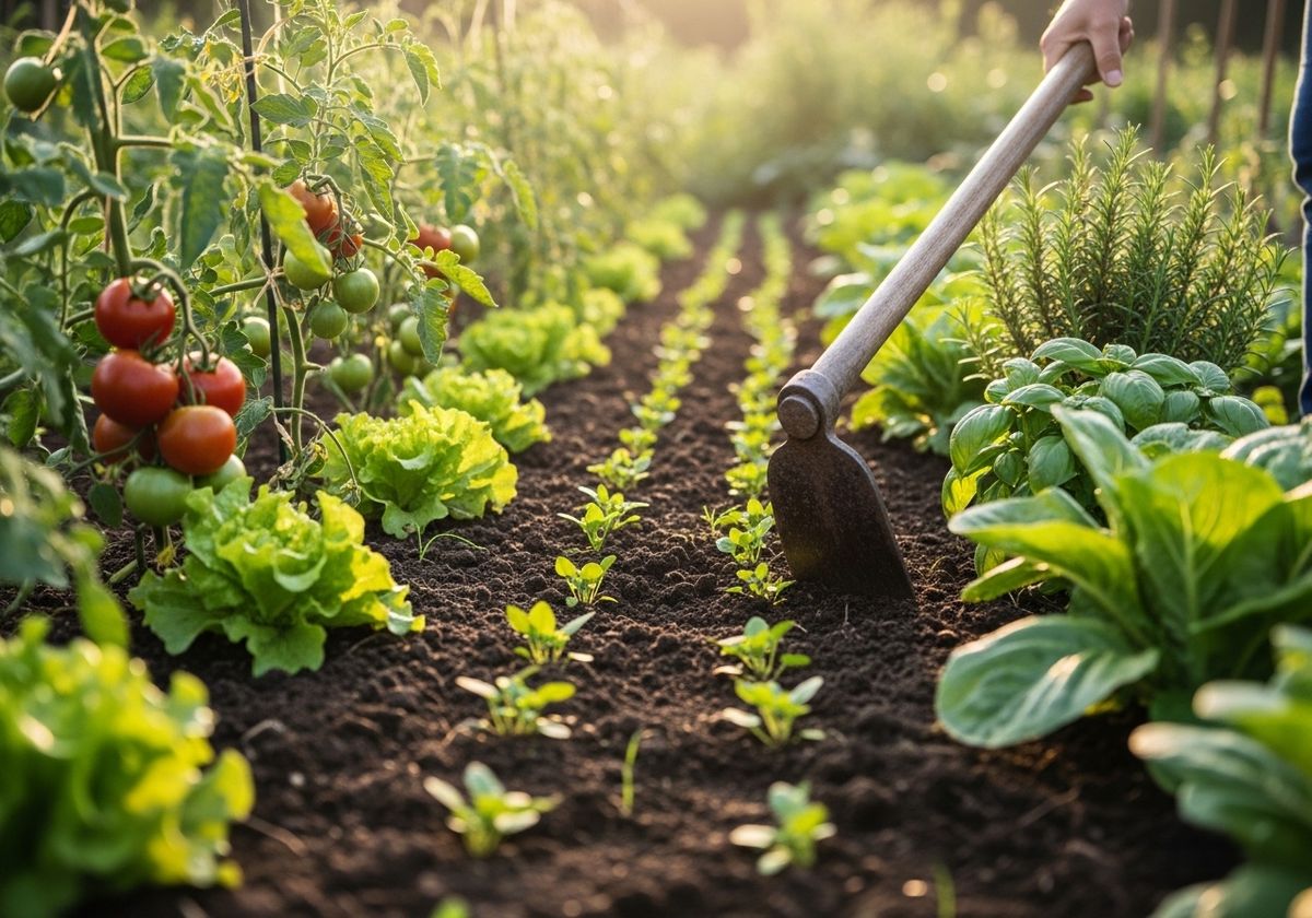 Organic vegetable garden with tomatoes, lettuce and herbs