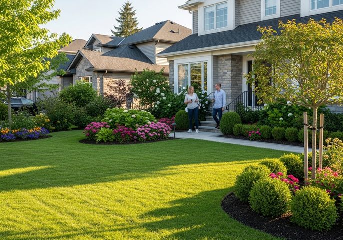 Couple Strolling from Suburban Home with Manicured Lawn