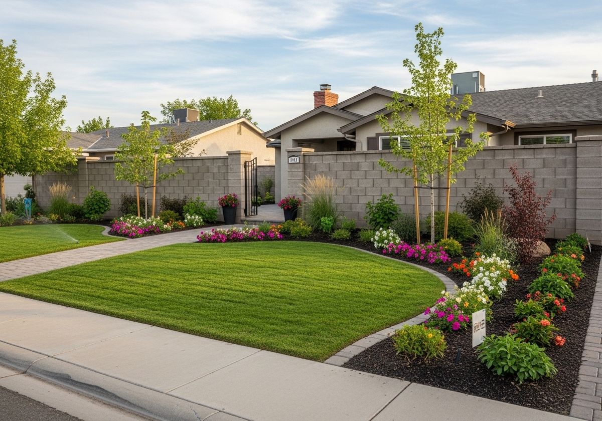 Landscaped Front Yard with Flowers and Green Lawn