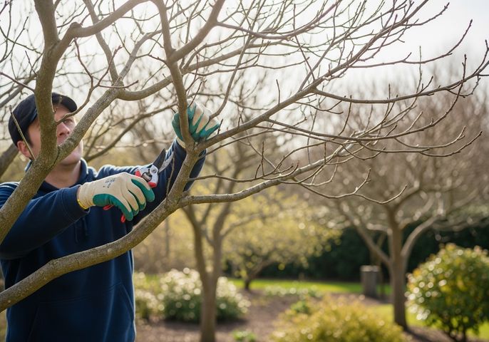 Man pruning tree branches in garden