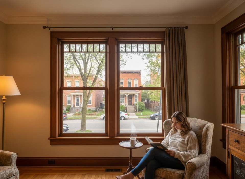 Woman Reading by Window with Coffee Mug in Cozy Living Room