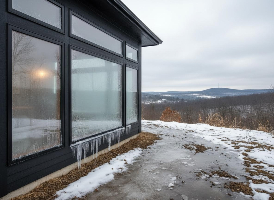 Icy Windows of a Modern Winter Building
