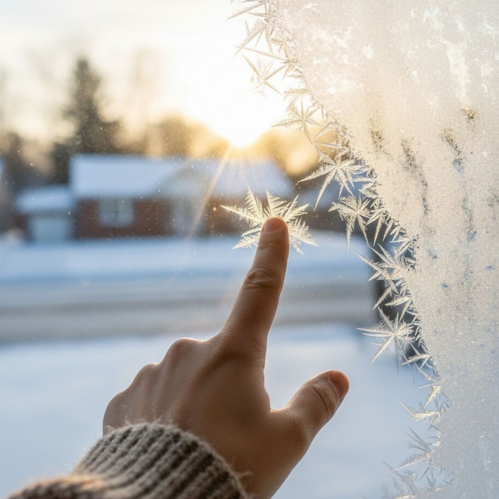 person touching frost on a window