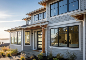Exterior of a gray house with black-framed windows