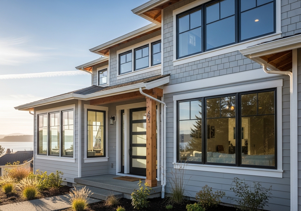 Exterior of a gray house with black-framed windows