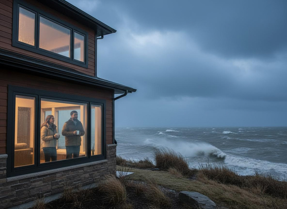 Couple watching a stormy ocean from a modern house