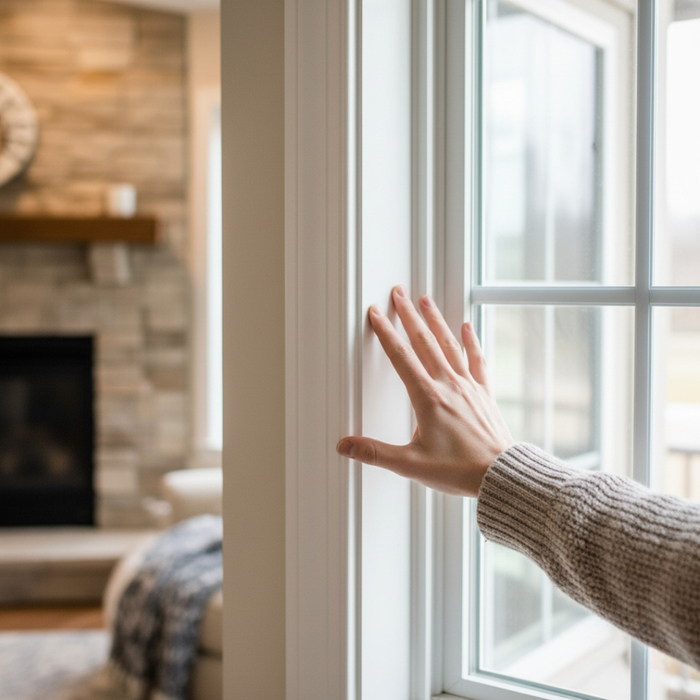 Hand testing for drafts around a window frame Hand testing for drafts around a window frame