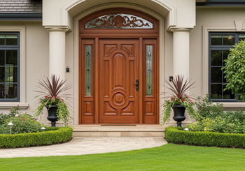 A beautifully crafted wooden front door with decorative glass panels and an arched transom window, flanked by stately columns and symmetrical landscaping. Potted plants and manicured hedges add to the home's curb appeal, inviting entry. Elegant Wooden Door with Ornate Glass Details
