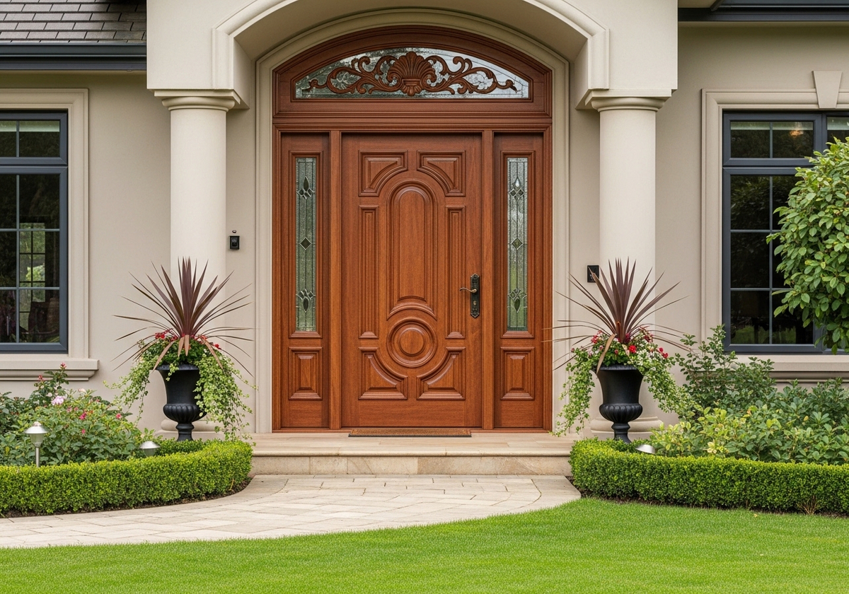 Elegant Wooden Door with Ornate Glass Details