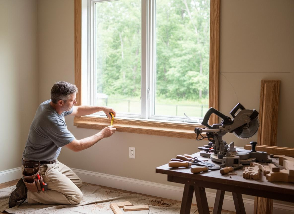 Man measuring window sill for trim installation