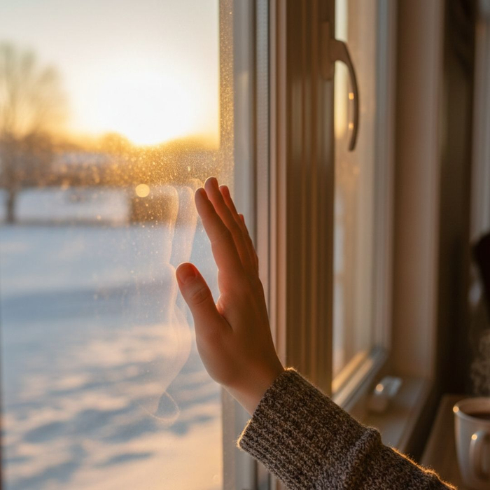 person putting their hand against a window