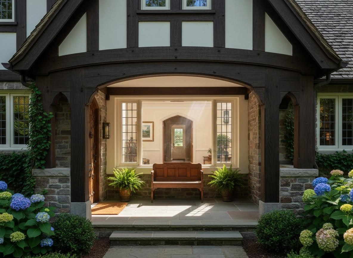 Tudor Revival Home Entrance with Covered Porch