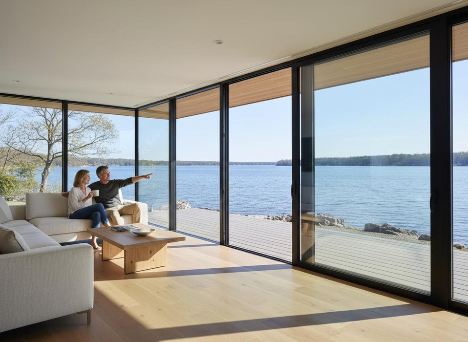 A couple relaxes on a sofa in a bright modern living room, admiring a vast lake and distant treeline through floor-to-ceiling glass windows. Couple enjoying panoramic lake view from modern living room