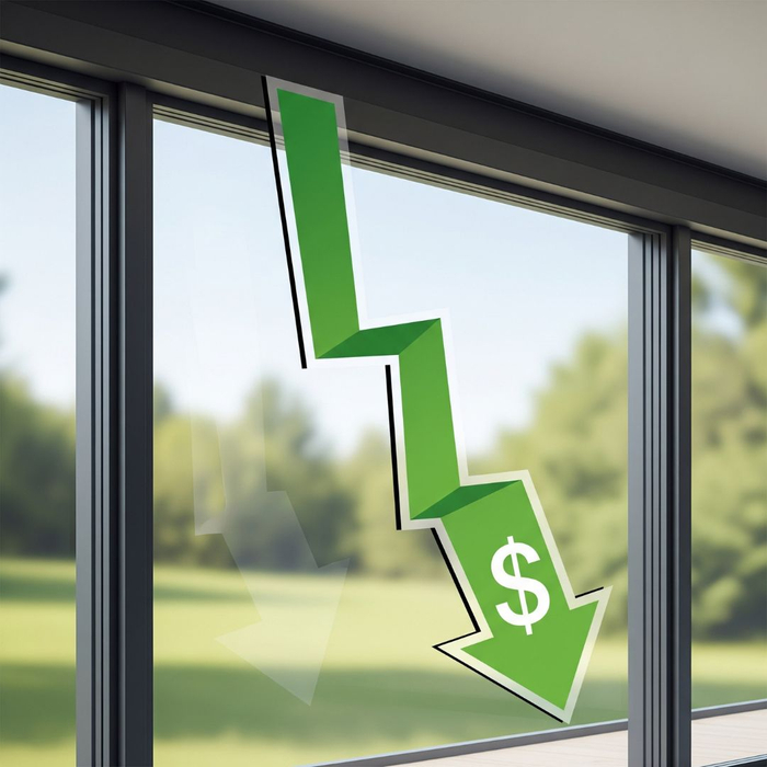A graphic symbolizing lower energy bills due to an energy-efficient window. A graphic symbolizing lower energy bills due to an energy-efficient window.