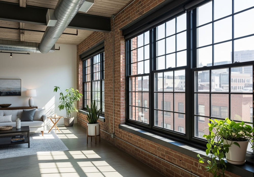 Bright Living Room with Exposed Brick and Large Windows