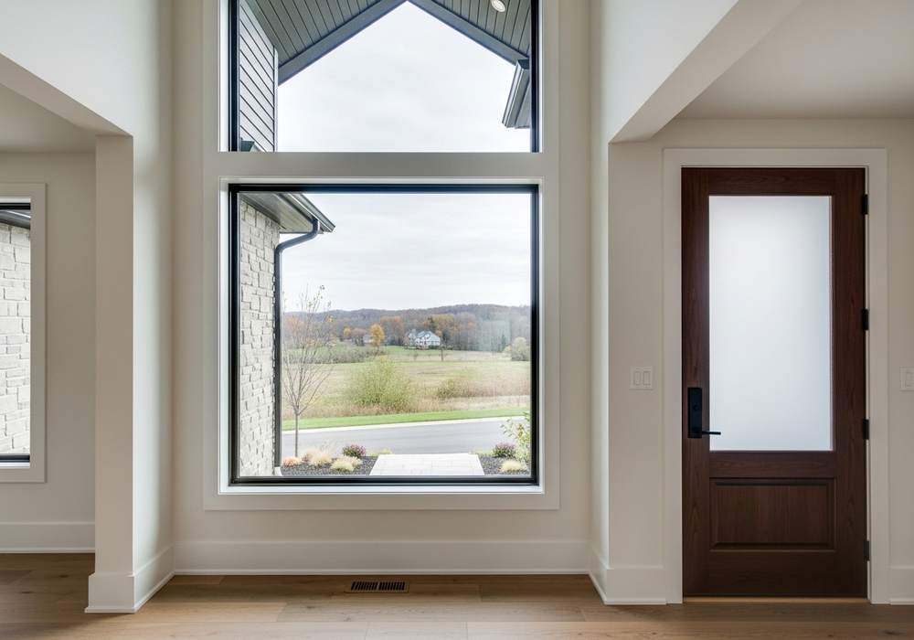 Modern Home Interior with Large Window and Wooden Door