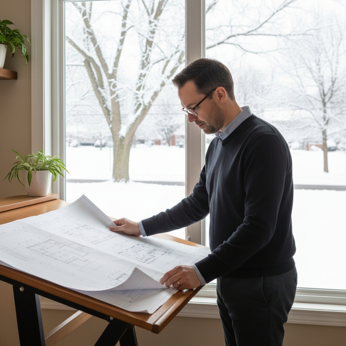 A male architect with glasses intently reviews large blueprints on a drafting table next to a window overlooking a snowy landscape.