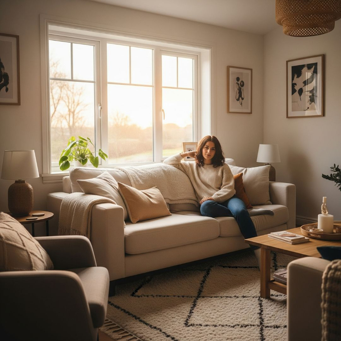 A comfortable and bright living room with a homeowner relaxing near a new, draft-free window. A comfortable and bright living room with a homeowner relaxing near a new, draft-free window.