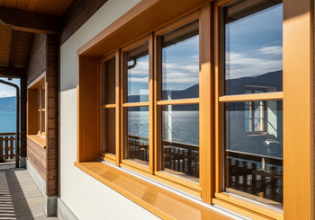 A close-up of wooden window frames with a view of a sparkling lake and mountains in the reflection of the glass. Wooden Window Frames Overlooking Lake
