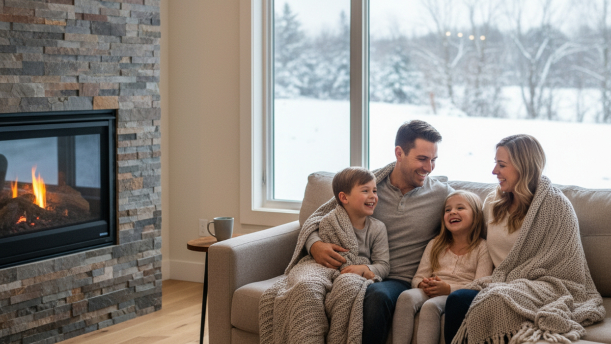 Family enjoying a warm, well-lit living room in winter