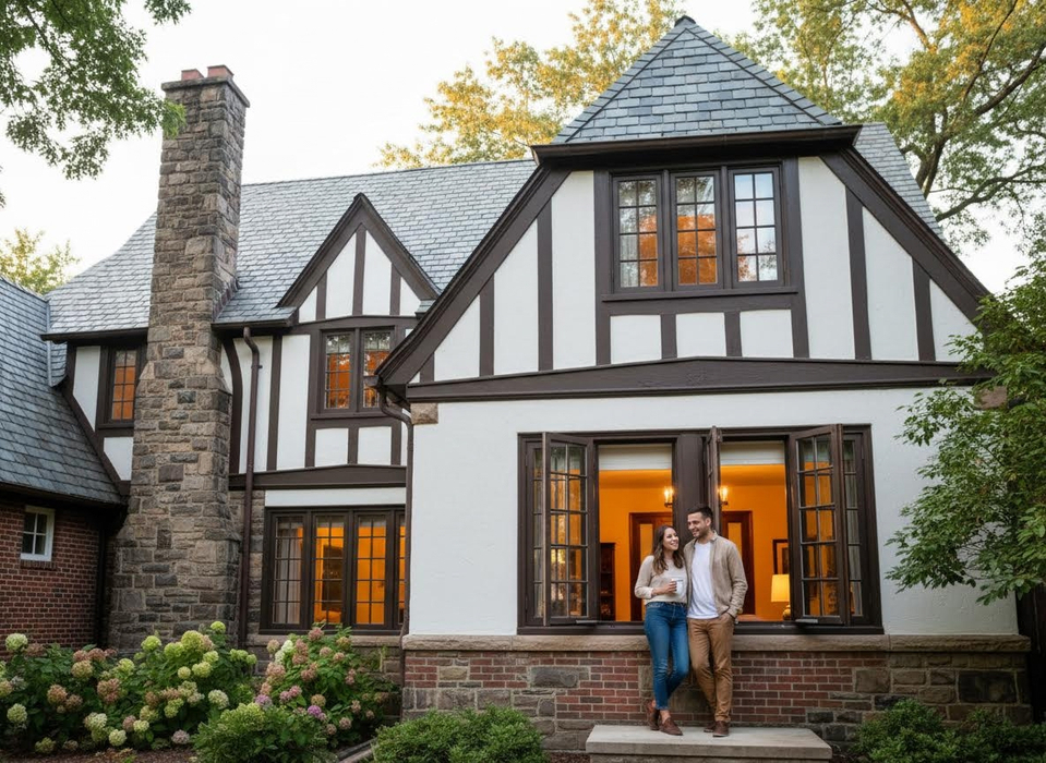 A happy couple looks at each other while standing on a porch in front of a classic white and dark brown Tudor home with a large stone chimney. Young couple standing outside a Tudor-style home with stone chimney
