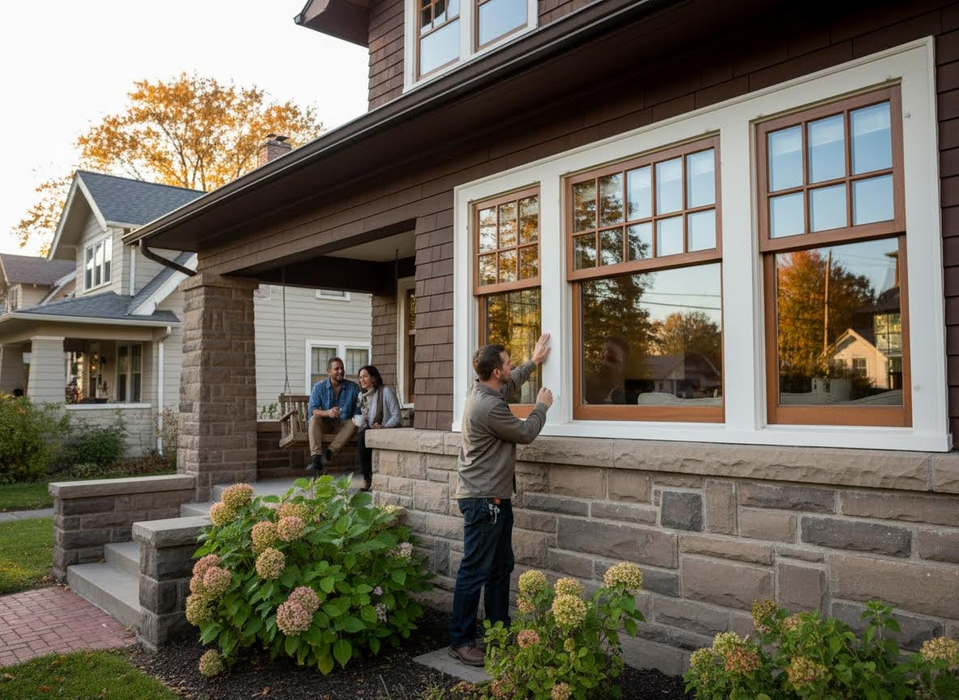 A man in a brown shirt carefully inspects the trim of a new window on a brown and stone house. A couple relaxes on the porch swing. Man inspecting new window installation on a house