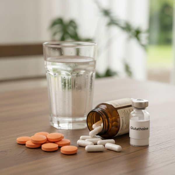 Close-up of Vitamin C tablets, zinc capsules, and a Glutathione vial beside a glass of water Close-up of Vitamin C tablets, zinc capsules, and a Glutathione vial beside a glass of water