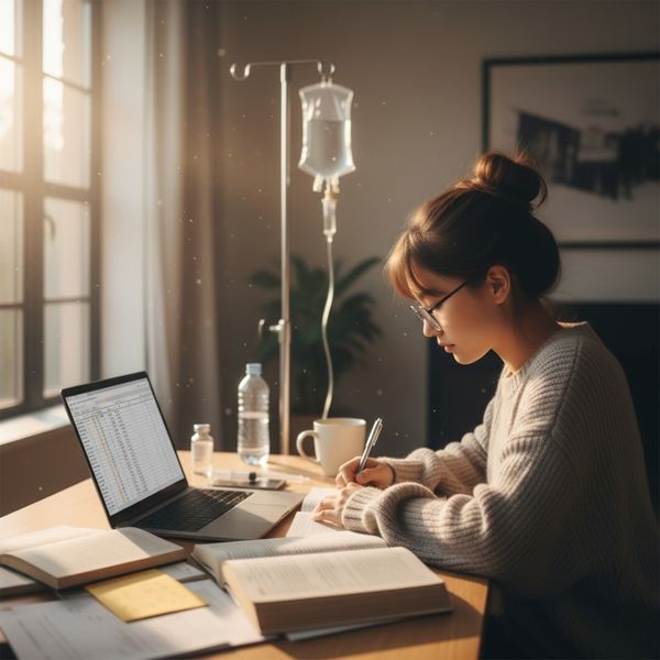 A student working at her desk with an IV in the background A student working at her desk with an IV in the background